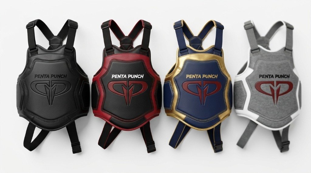 Multiple custom body protectors in different colour configurations showing OEM customisation options for combat sports brands
