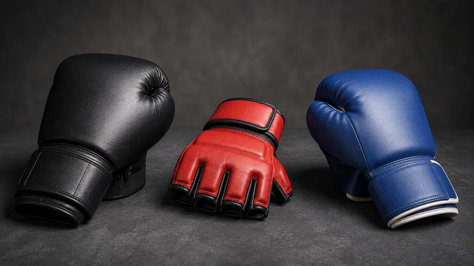Boxing, MMA, and Muay Thai gloves arranged side by side showing construction differences