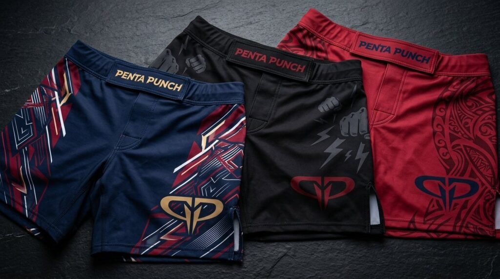 Custom OEM MMA fight shorts with vibrant sublimation printing and flatlock seam construction — manufactured for international fightwear brands.