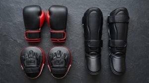 Flat lay of professional boxing gloves, shin guards, and focus mitts in genuine leather and microfiber materials on a clean studio surface
